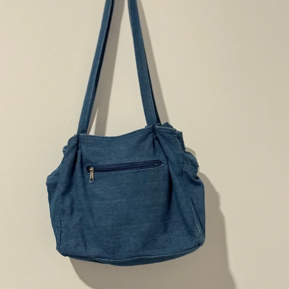 Vintage Style Denim Shoulder Bag with White Floral Embroidery & Zipper Pockets